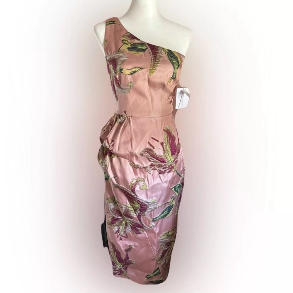 Marchesa Notte one shoulder jacquard floral dress. Pink size 0